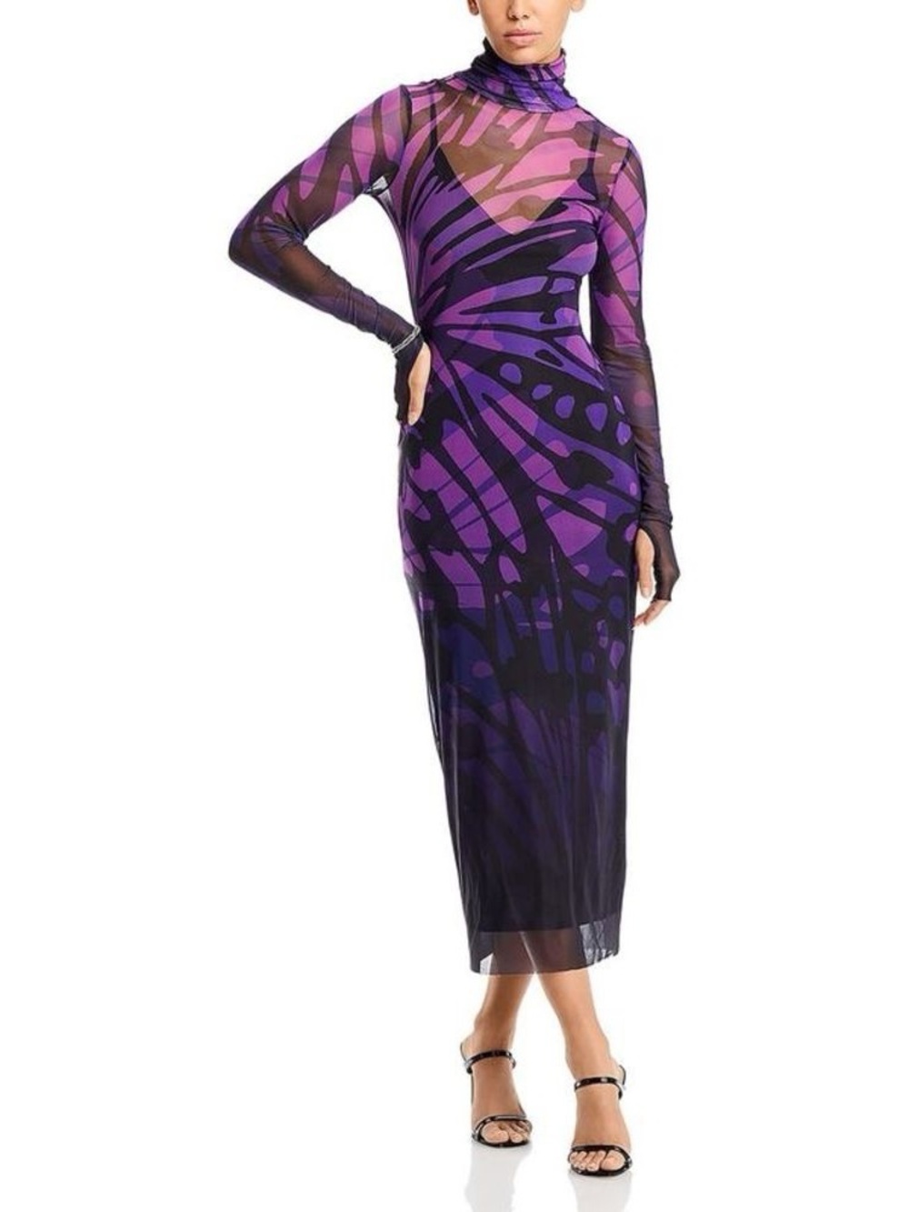 AFRM NWT Butterfly Ombre Mesh Mock Neck Midi Dress Sheer Bodycon Women XS